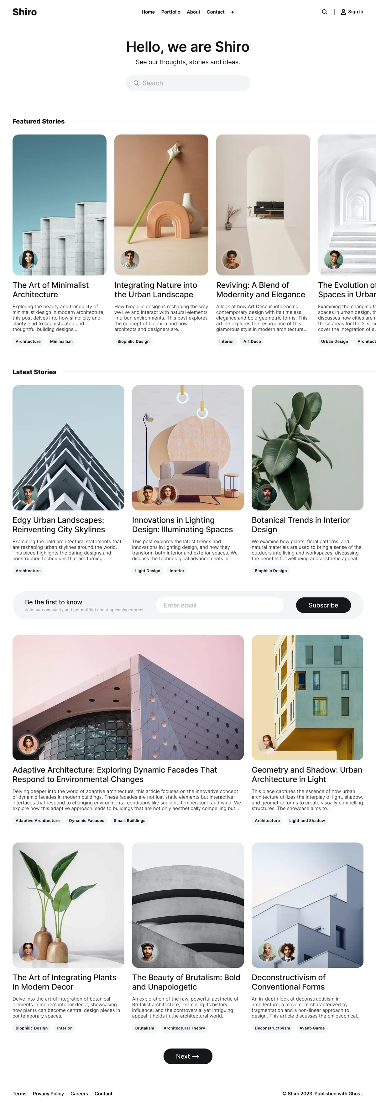 Shiro Ghost theme with 7 color schemes, 9 post layouts, custom search, and membership pages for magazines