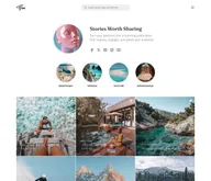 Flow Ghost theme homepage: a profile-style hero with a round photo, bio and social icons, a row of circular topic highlights and a square photo grid of posts.