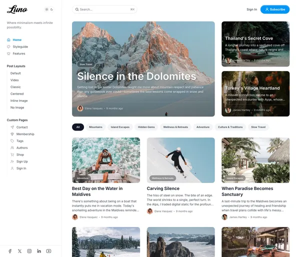 Luno Ghost theme homepage: a fixed left sidebar with a grouped menu and a light and dark switch, a search bar above the content, three featured cover cards and a row of tag pills.
