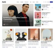 Nio Ghost theme homepage: a top menu bar, a large featured photo card with the title over it, three row cards beside it and a grid of square post cards.