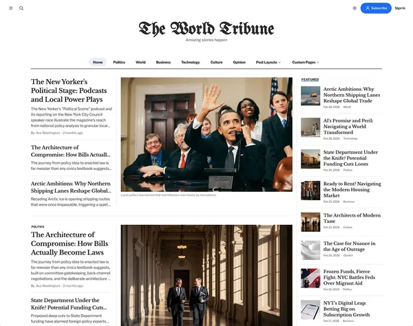Tribune Ghost theme with a newspaper-style multi-column homepage, category sections, and dark mode for editorial publications