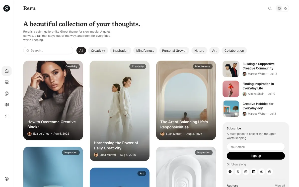 Reru Ghost theme homepage with a narrow icon rail on the left, a masonry feed of image cards, and a sidebar of featured posts