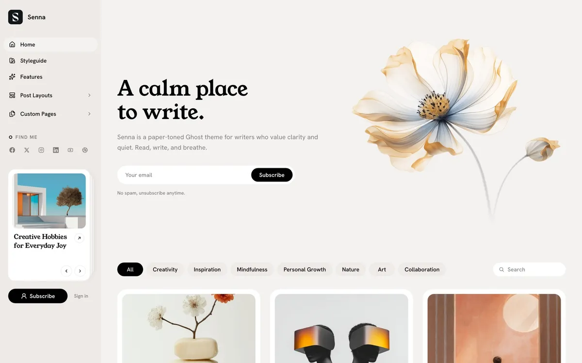 Senna Ghost theme with a paper-toned homepage, serif hero heading, sidebar navigation, and a featured-post deck for writers