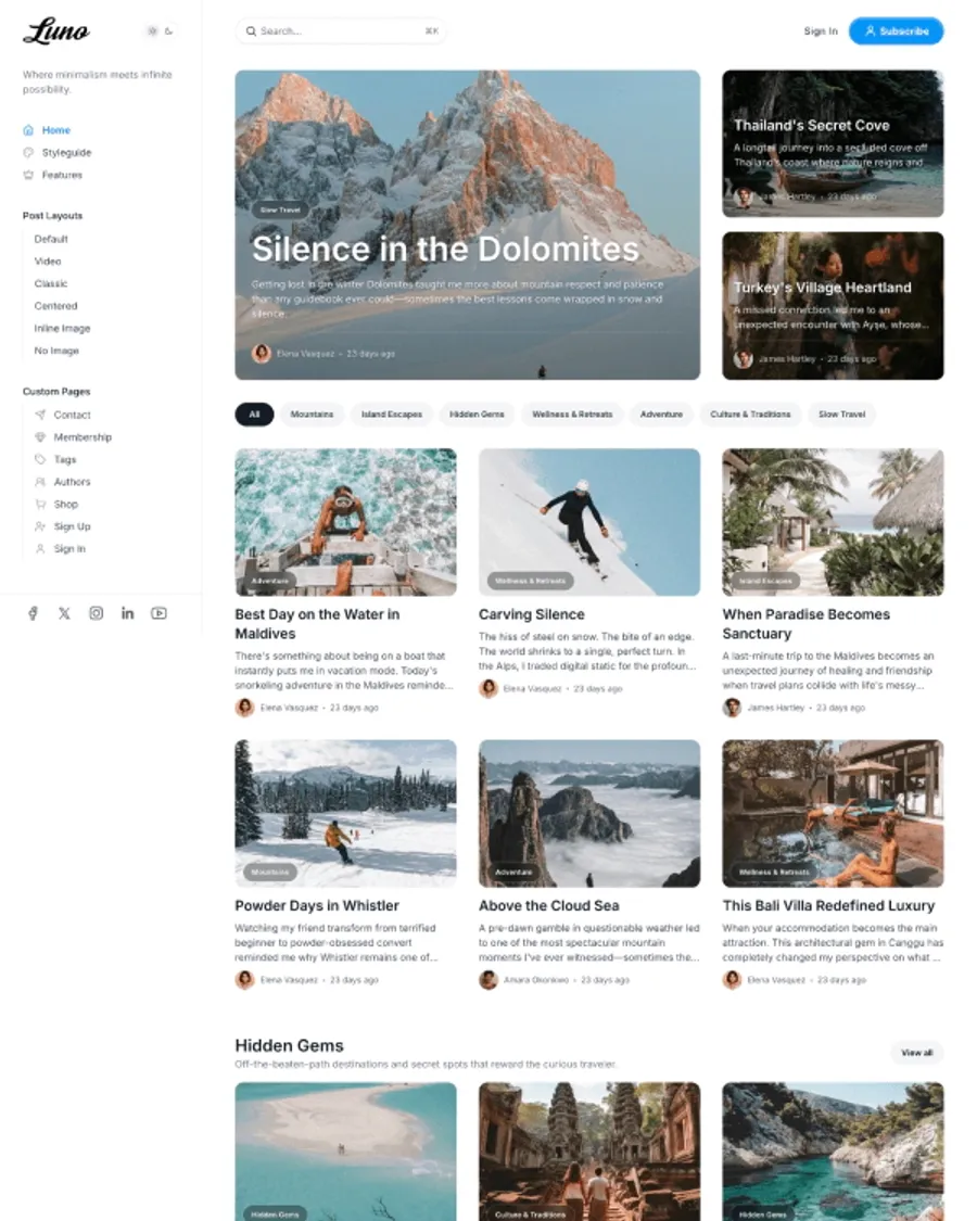 Luno Theme Documentation - Premium Ghost theme with multiple layouts, dark mode, and membership support