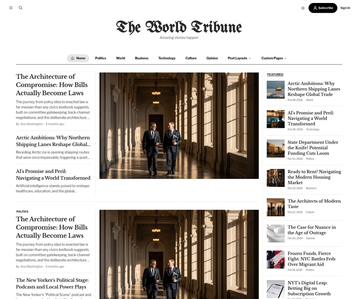 Tribune Ghost theme with a Washington Post-inspired newspaper homepage, multi-column category sections, and dark mode for editorial publications