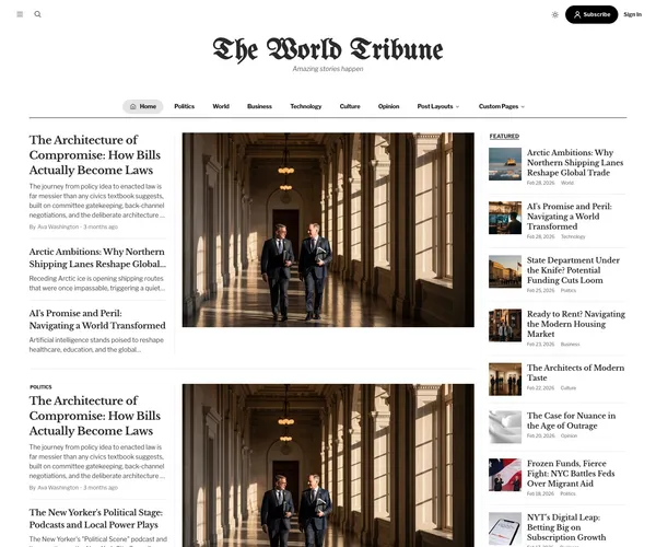 Tribune Ghost theme with a Washington Post-inspired newspaper homepage, multi-column category sections, and dark mode for editorial publications