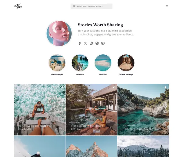 Flow Ghost theme homepage: a profile-style hero with a round photo, bio and social icons, a row of circular topic highlights and a square photo grid of posts.