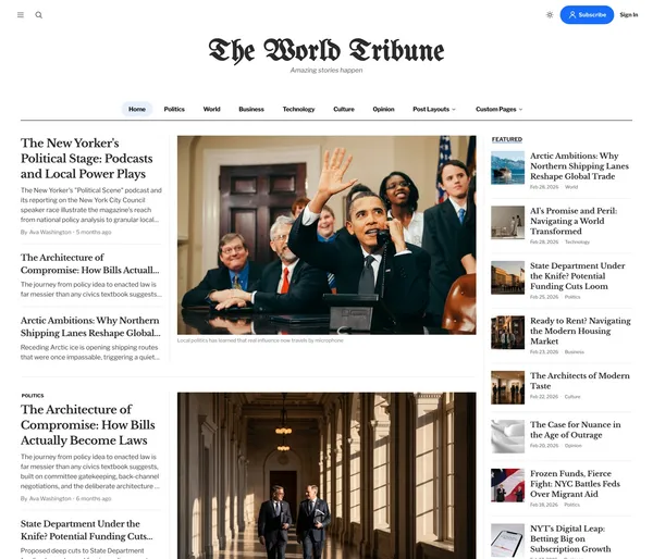 Tribune Ghost theme front page: a blackletter masthead over a section tab bar, three lead stories beside a large photograph, and a Featured sidebar list of thumbnails.