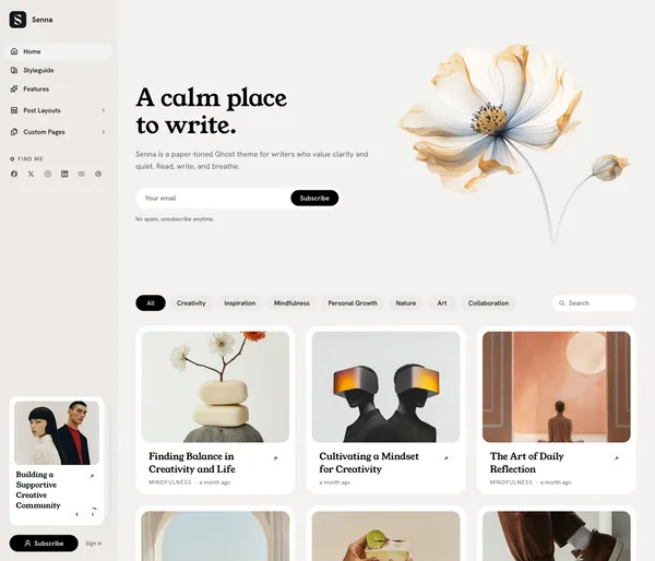 Senna Ghost theme homepage on warm paper: a left sidebar with menu, social links and a featured post, a serif hero headline beside a flower illustration, a tag filter row and a grid of white post cards.