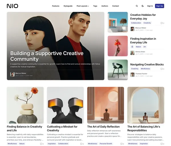Nio Ghost theme homepage: a top menu bar, a large featured photo card with the title over it, three row cards beside it and a grid of square post cards.