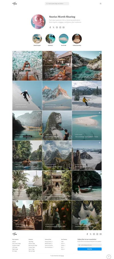 Flow Ghost theme with sidebar navigation, highlights carousel, and membership pages for content creators