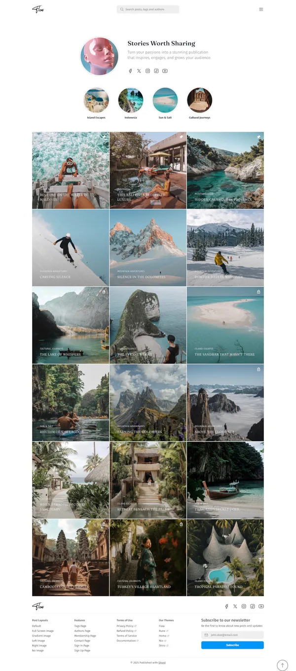 Flow Ghost theme with sidebar navigation, highlights carousel, and membership pages for content creators