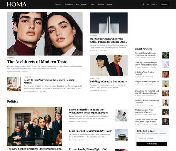 Homa Ghost theme homepage: a dark header with dropdown menu, a featured story grid with one large lead and three smaller cards, and a Latest Articles list with a subscribe form.