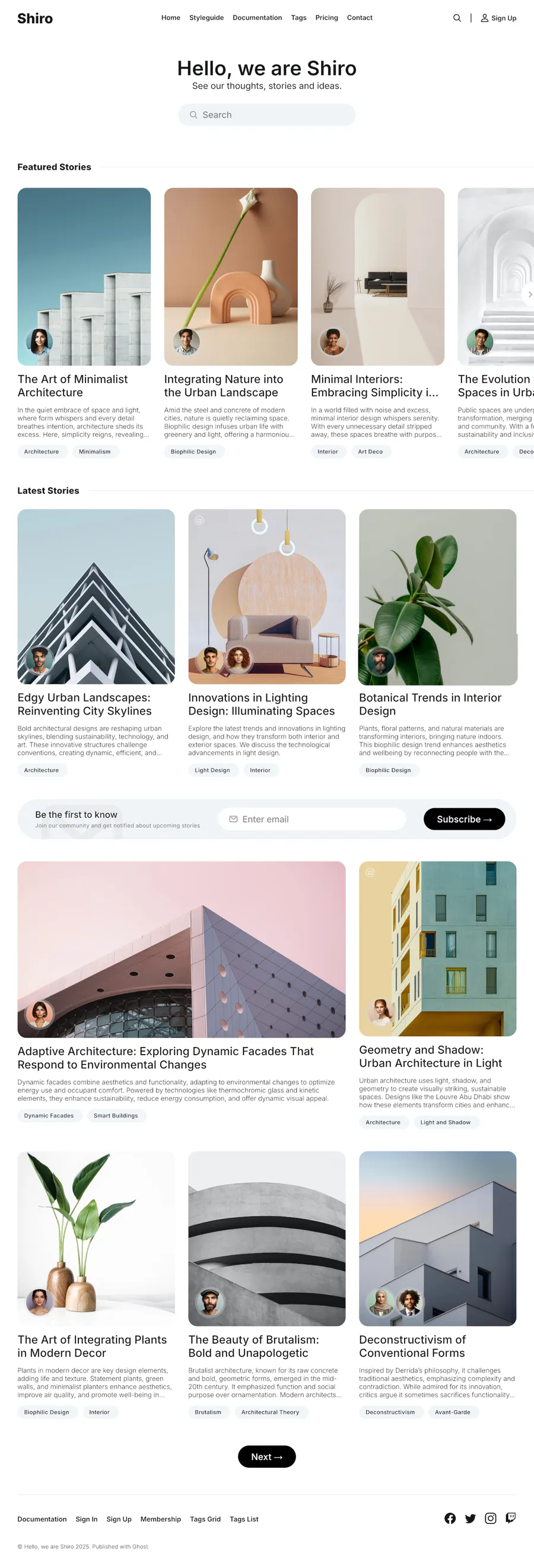 Shiro Theme Documentation - Premium Ghost theme with multiple layouts, dark mode, and membership support