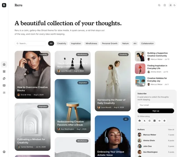 Reru Ghost theme homepage with a narrow icon rail on the left, a masonry feed of image cards, and a sidebar of featured posts