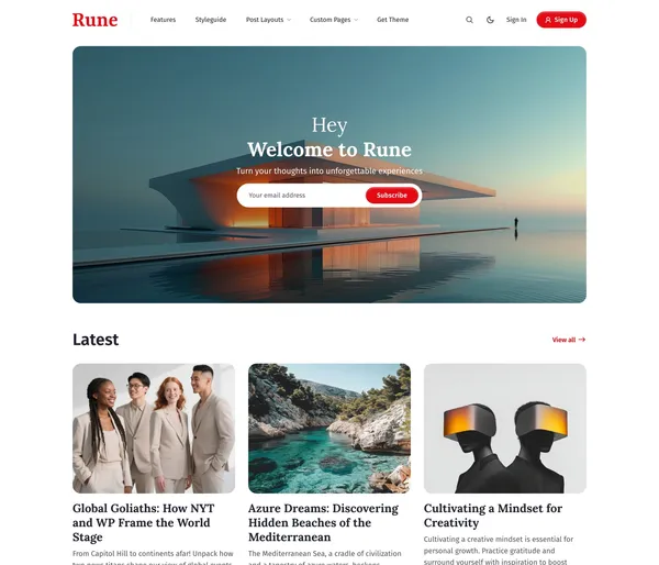 Rune Ghost theme homepage: a top menu bar with a red Sign Up button, a rounded cover-image hero with a headline and subscribe field, and a Latest section of three post cards.
