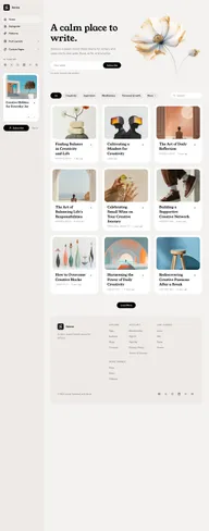 Senna Ghost theme with a paper-toned homepage, serif hero heading, sidebar navigation, and a featured-post deck for writers