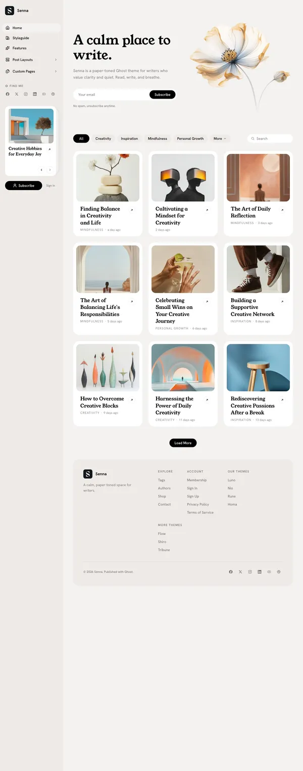 Senna Ghost theme with a paper-toned homepage, serif hero heading, sidebar navigation, and a featured-post deck for writers