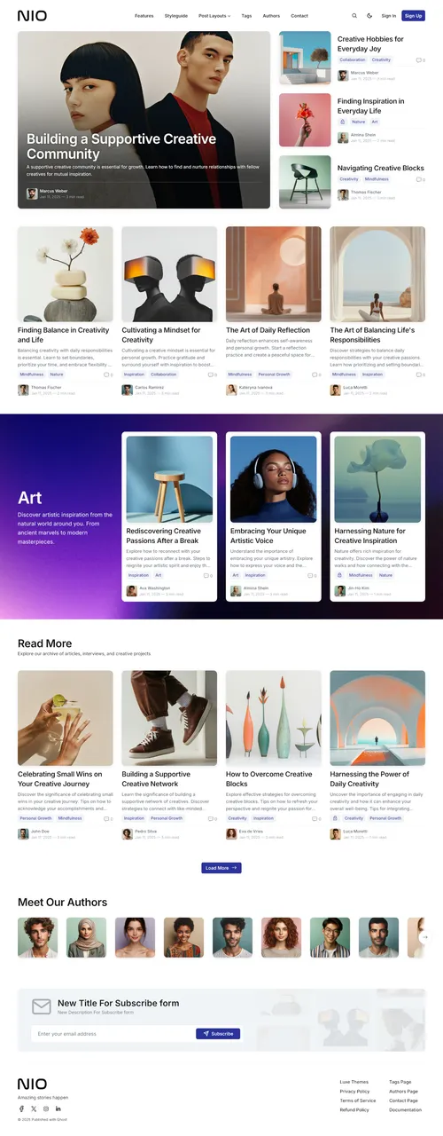 Nio Ghost theme with 5 hero alignments, dropdown navigation, and photo galleries for professional publications