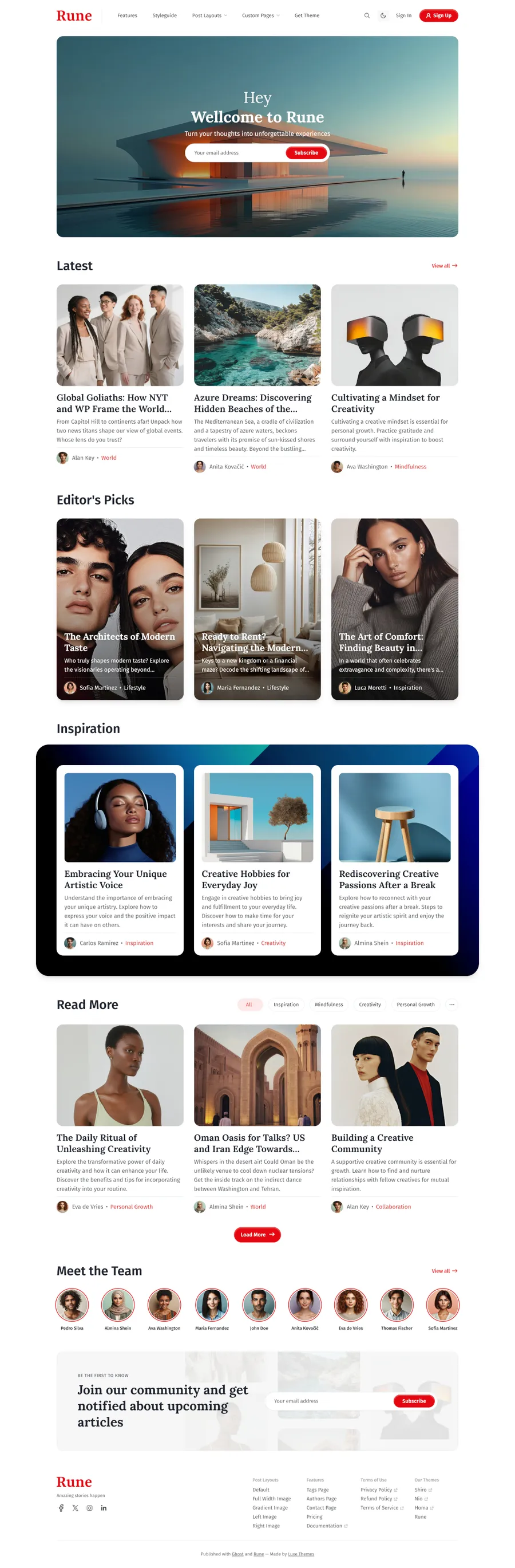 Rune Theme Documentation - Premium Ghost theme with multiple layouts, dark mode, and membership support