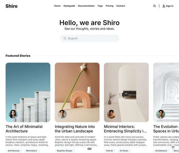 Shiro Ghost theme homepage: a centered site title and description above a large search field, a Featured Stories carousel of portrait cards and a Latest Stories grid.