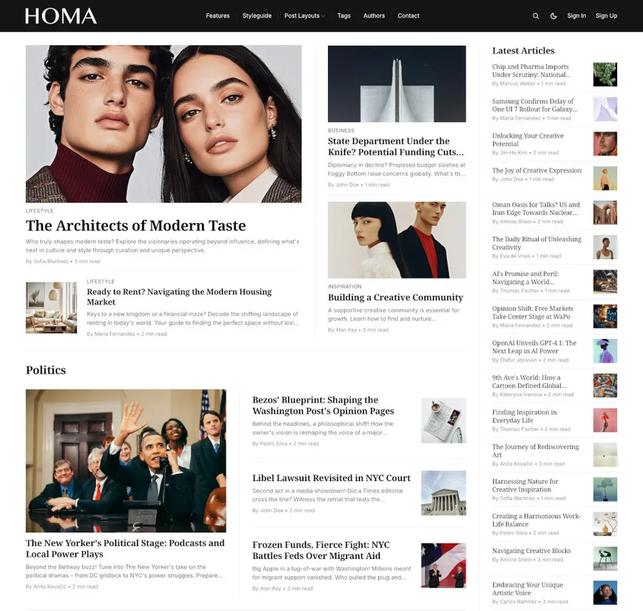 Homa Theme Documentation - Premium Ghost theme with multiple layouts, dark mode, and membership support