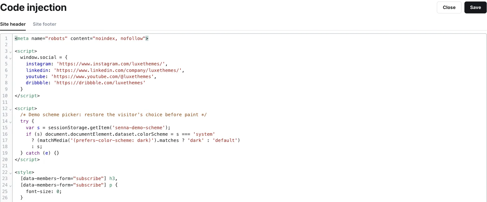 Ghost admin Code injection screen on a Luxe Themes demo site with the Site header tab open, containing two short scripts, a robots meta tag and a CSS block that changes a subscribe form's heading text