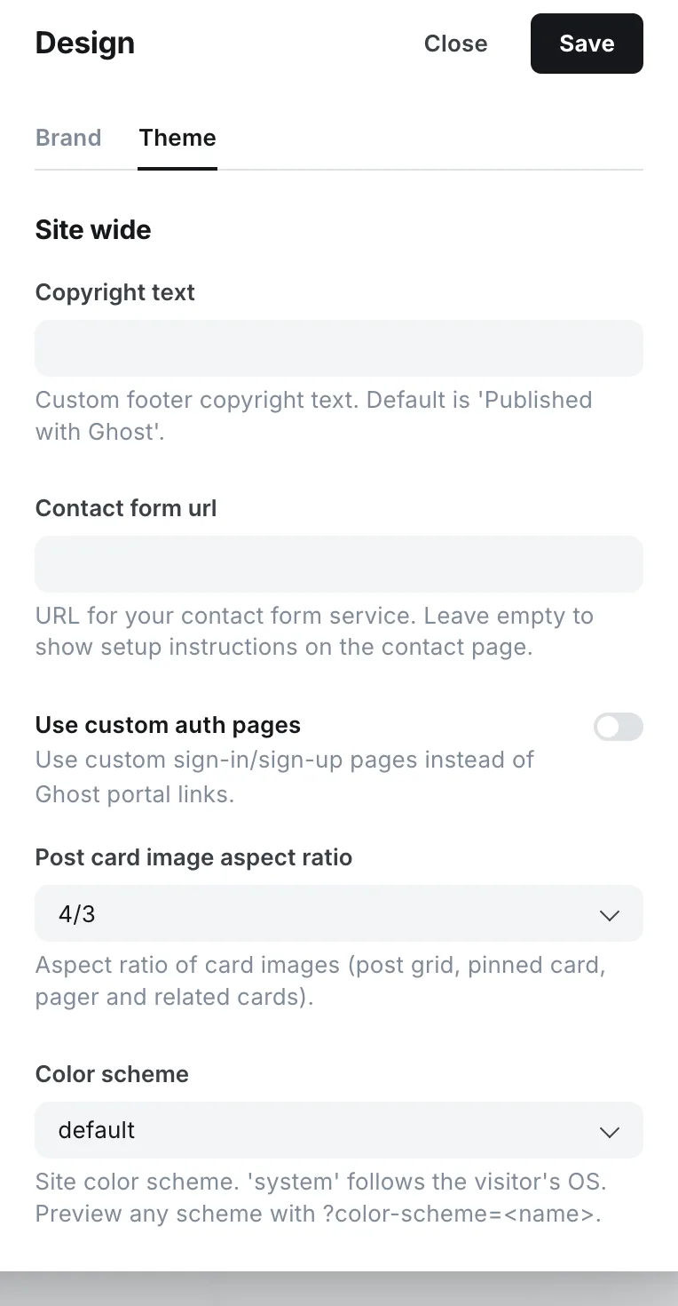 Ghost admin Design panel on a Luxe Themes demo site, Theme tab, showing site-wide settings a theme exposes: copyright text, contact form address, a toggle for custom sign-in pages, a post card image ratio dropdown and a colour scheme dropdown