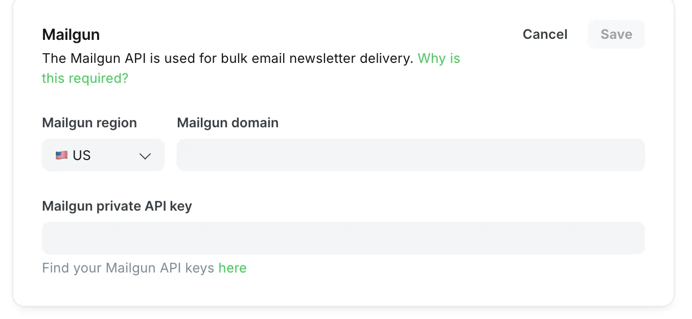Ghost 6 admin Mailgun configuration panel under Settings → Newsletters on a Luxe Themes demo site, with fields for Mailgun region (US), Mailgun domain, and Mailgun private API key