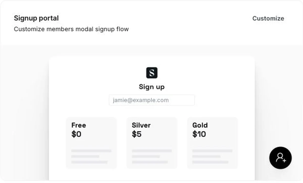 Ghost 6 Signup portal settings showing the settings-page preview of the members signup modal with placeholder Free, Silver, and Gold tiers