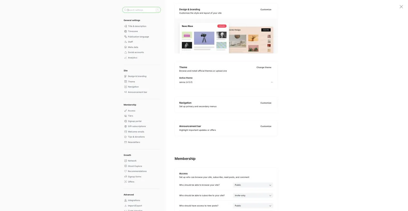 Ghost 6 settings screen showing Design & branding, Theme (change theme, active theme), Navigation, Announcement bar, and the Membership access settings