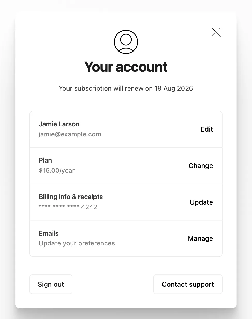 Ghost Portal account page preview showing a member's name and email, a $15/year plan with a Change link, billing info and receipts, email preferences, and Sign out and Contact support buttons