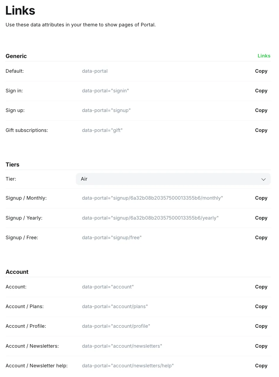 Ghost Portal Links tab in data-attributes mode on a Luxe Themes demo site: generic data-portal values for default, signin, signup, and gift; tier-specific signup/TIER_ID/monthly and yearly plus signup/free; and account, account/plans, account/profile, account/newsletters, and account/newsletters/help