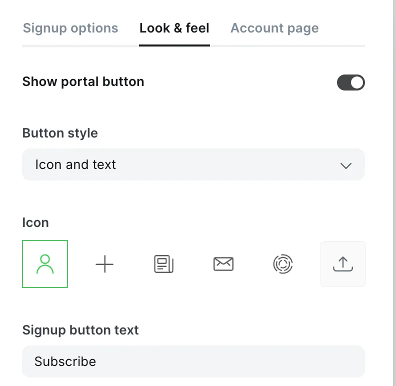 Ghost Portal Look & feel tab: Show portal button toggle, Button style dropdown set to Icon and text, a row of five selectable icons plus a custom upload, and the Signup button text field reading Subscribe