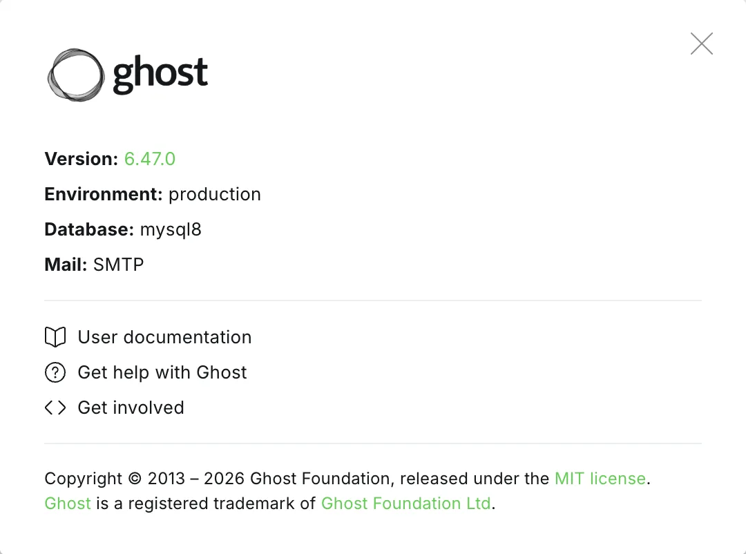 Ghost admin About dialog on a Luxe Themes demo site showing the installed Ghost version, the production environment, a MySQL 8 database and SMTP mail transport