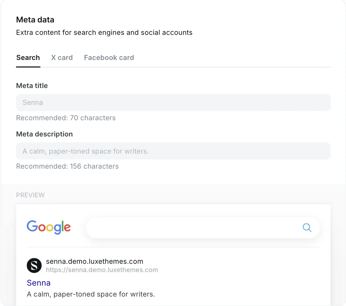 Ghost admin Meta data settings on a Luxe Themes demo site: Search, X card and Facebook card tabs, meta title and description fields with recommended character counts, and a live Google result preview