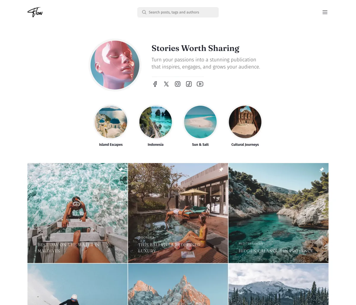 Flow Ghost theme homepage: a profile-style hero with a round photo, bio and social icons, a row of circular topic highlights and a square photo grid of posts