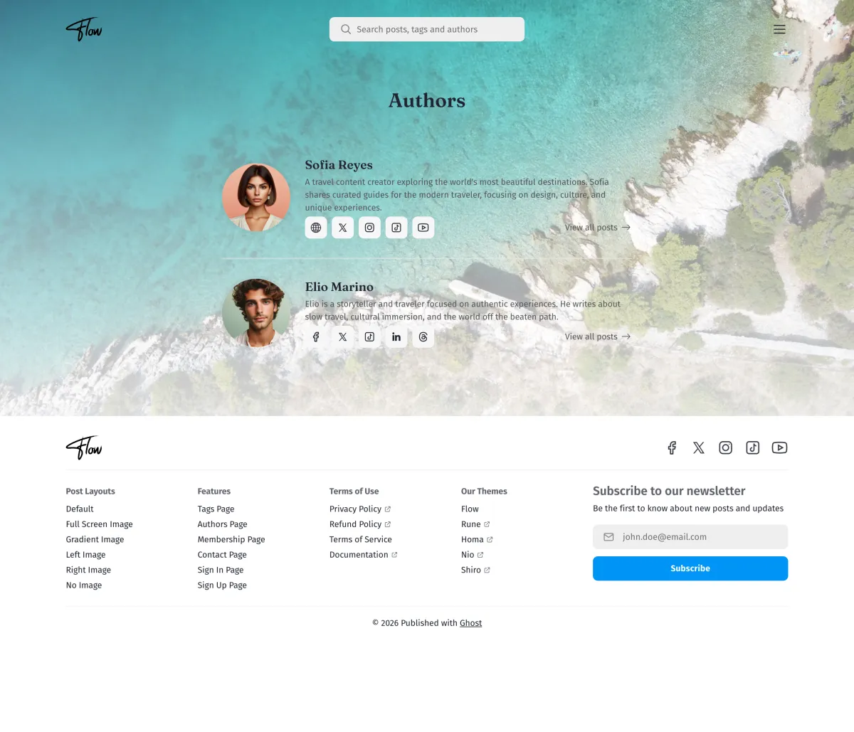 Flow authors page with each author's avatar, bio and social links