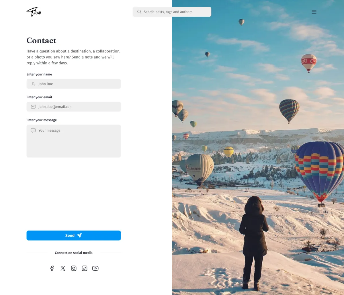 Flow contact page with a form and social icons on the left and a photograph on the right