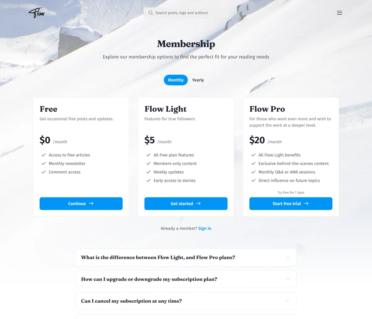 Flow membership page with pricing cards built from Ghost tiers and a monthly to yearly toggle