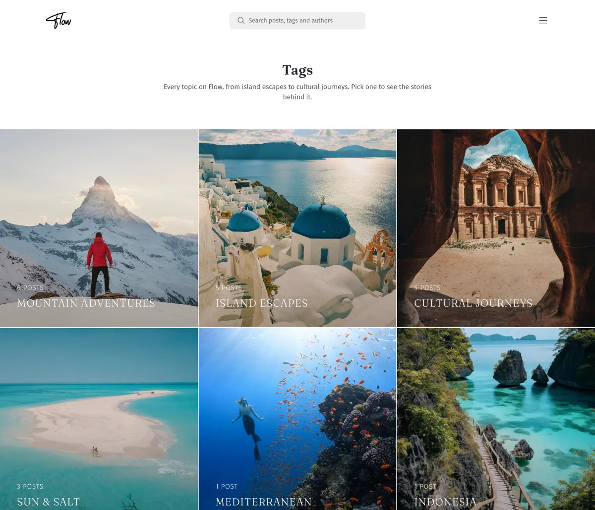 Flow tags page with tags laid out as a square image grid with post counts