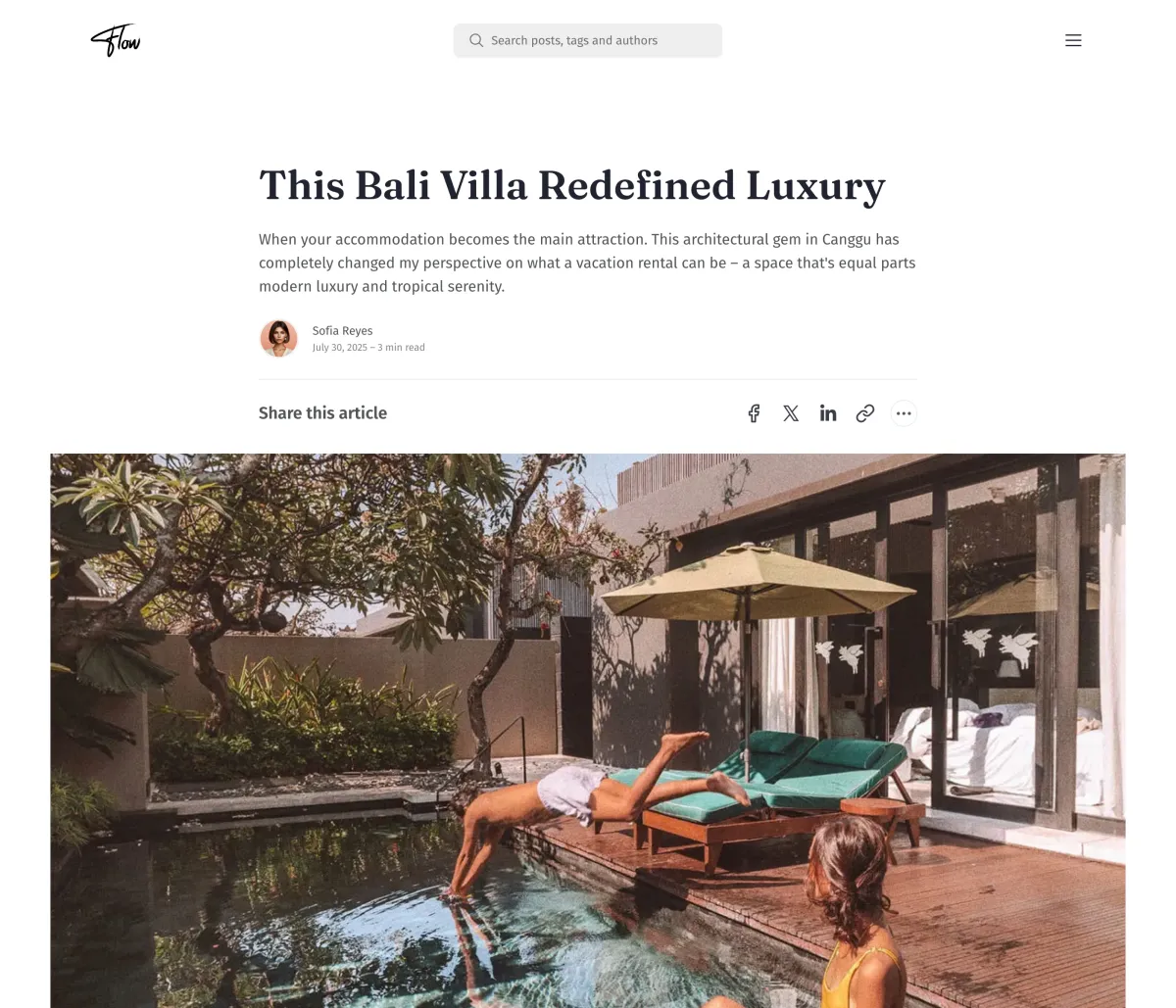 Flow default post layout with the centered title, meta and share row above a rounded feature image