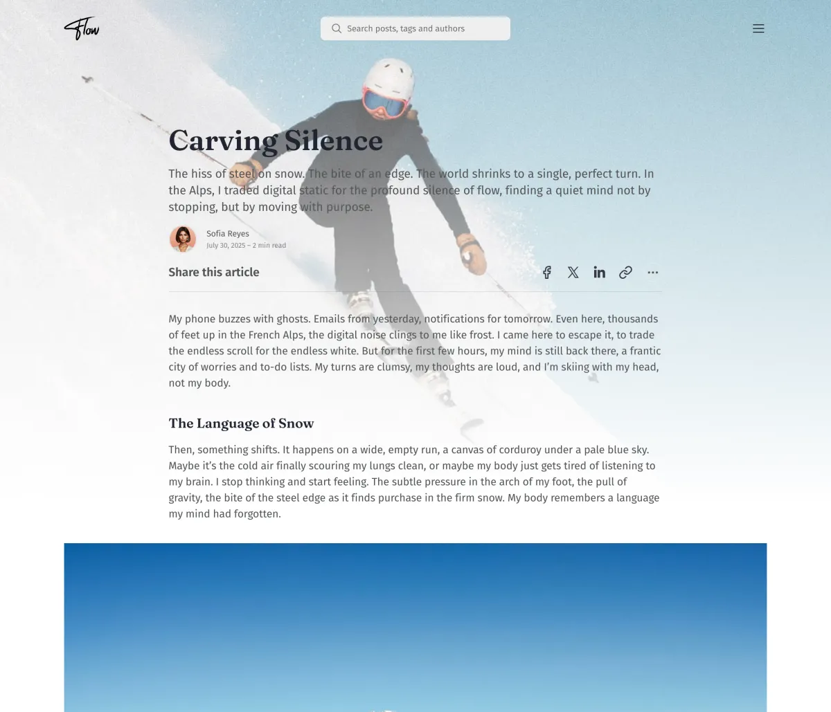 Flow Gradient Image post layout with the photo fading into the page behind the title
