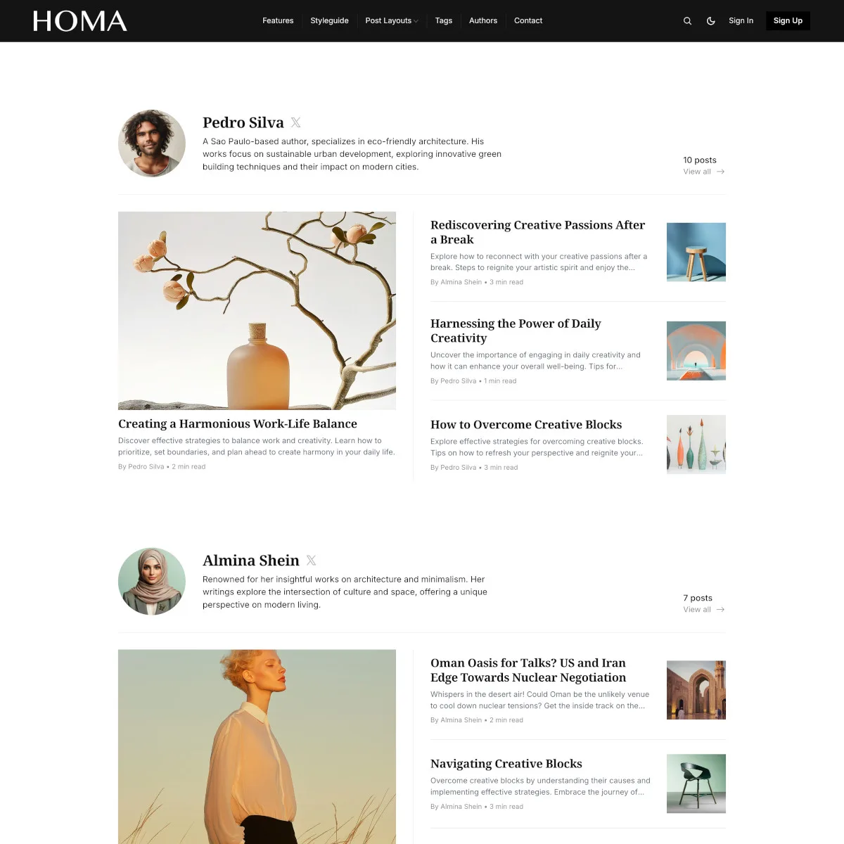 Homa Ghost theme authors listing page showing contributor profiles with bio excerpts and article collections