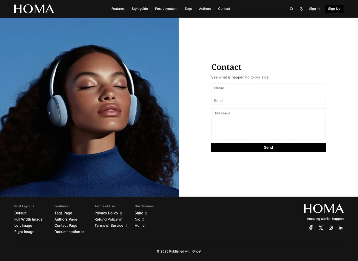 Homa Ghost theme contact page showing integrated Formspree form with elegant styled input fields and submit button