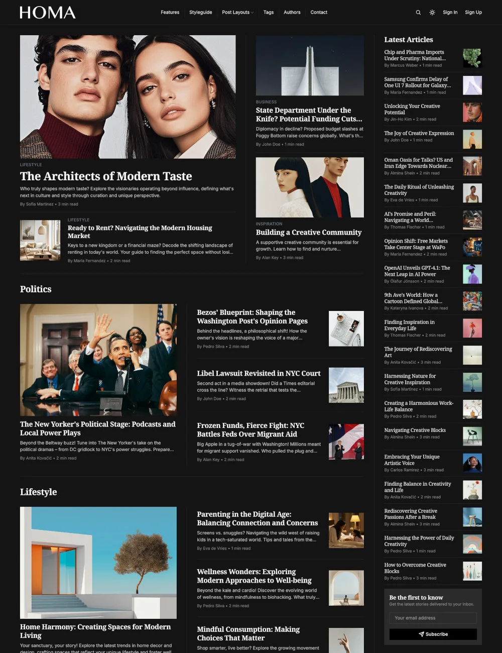 Homa Ghost theme homepage in dark color scheme with dark background and light text