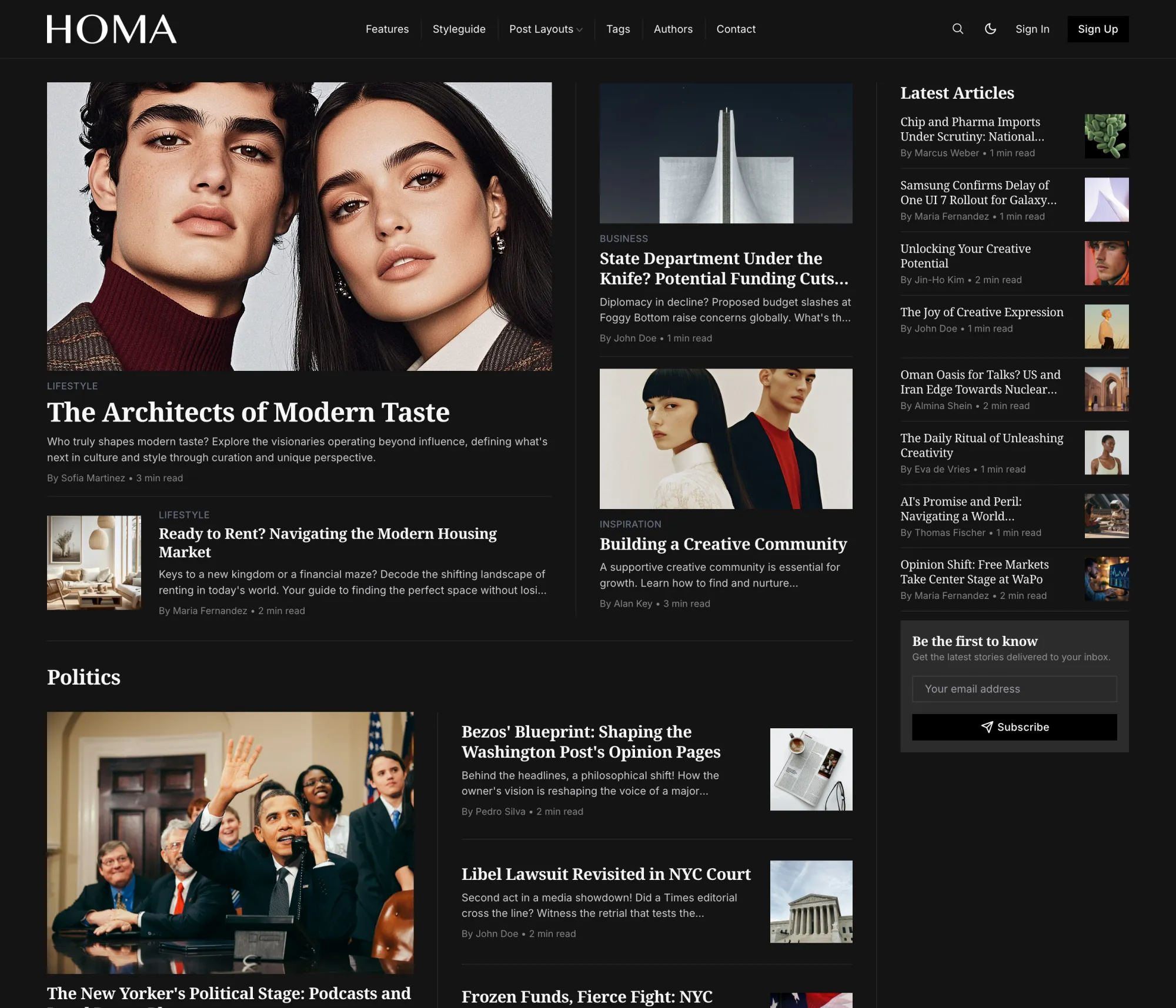 Homa Ghost theme homepage in dark color scheme with dark background and light text