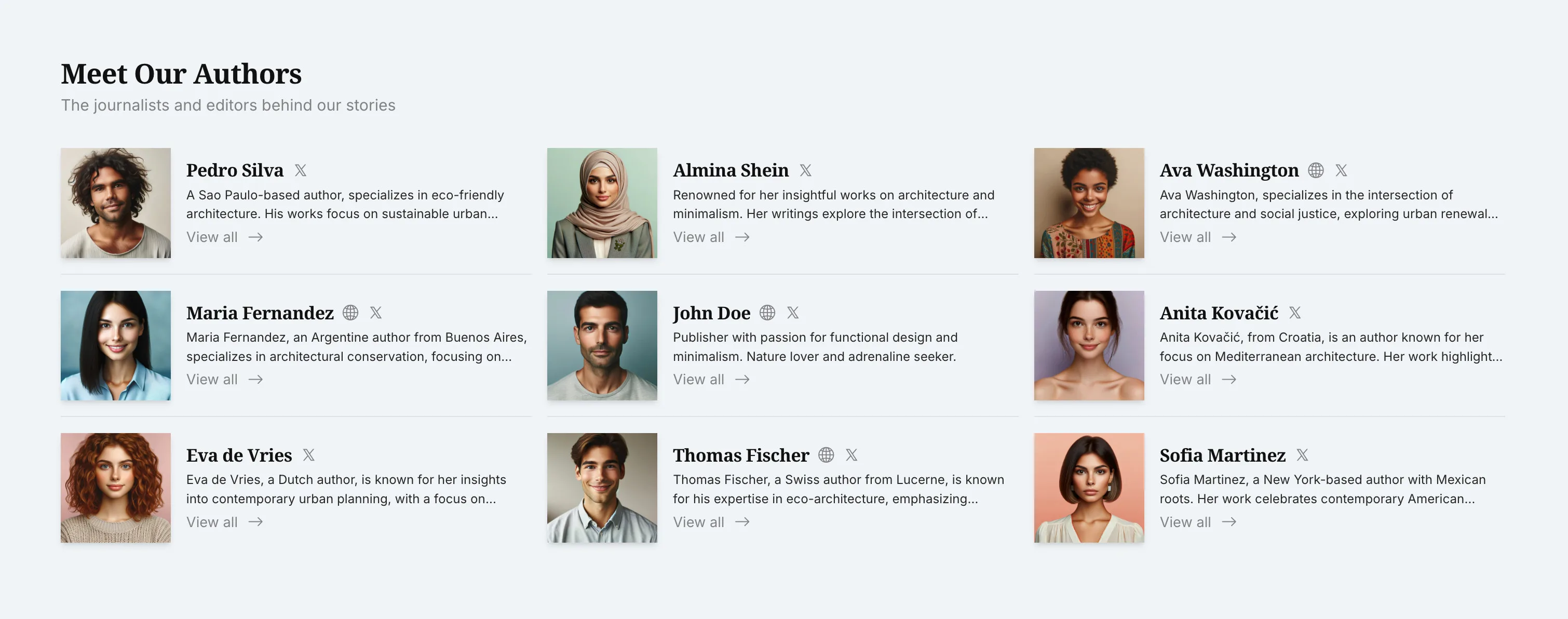 Homa Ghost theme homepage authors section displaying a list of author profiles with images and bios