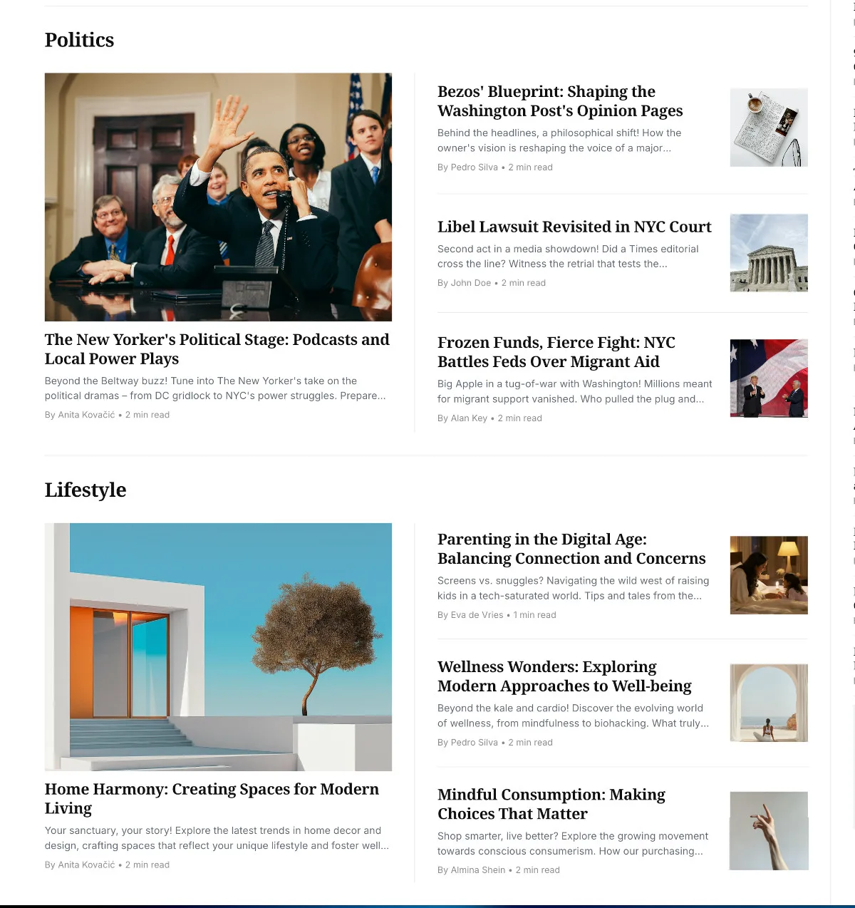 Homa Ghost theme homepage tags sections showing tag names with their latest four posts