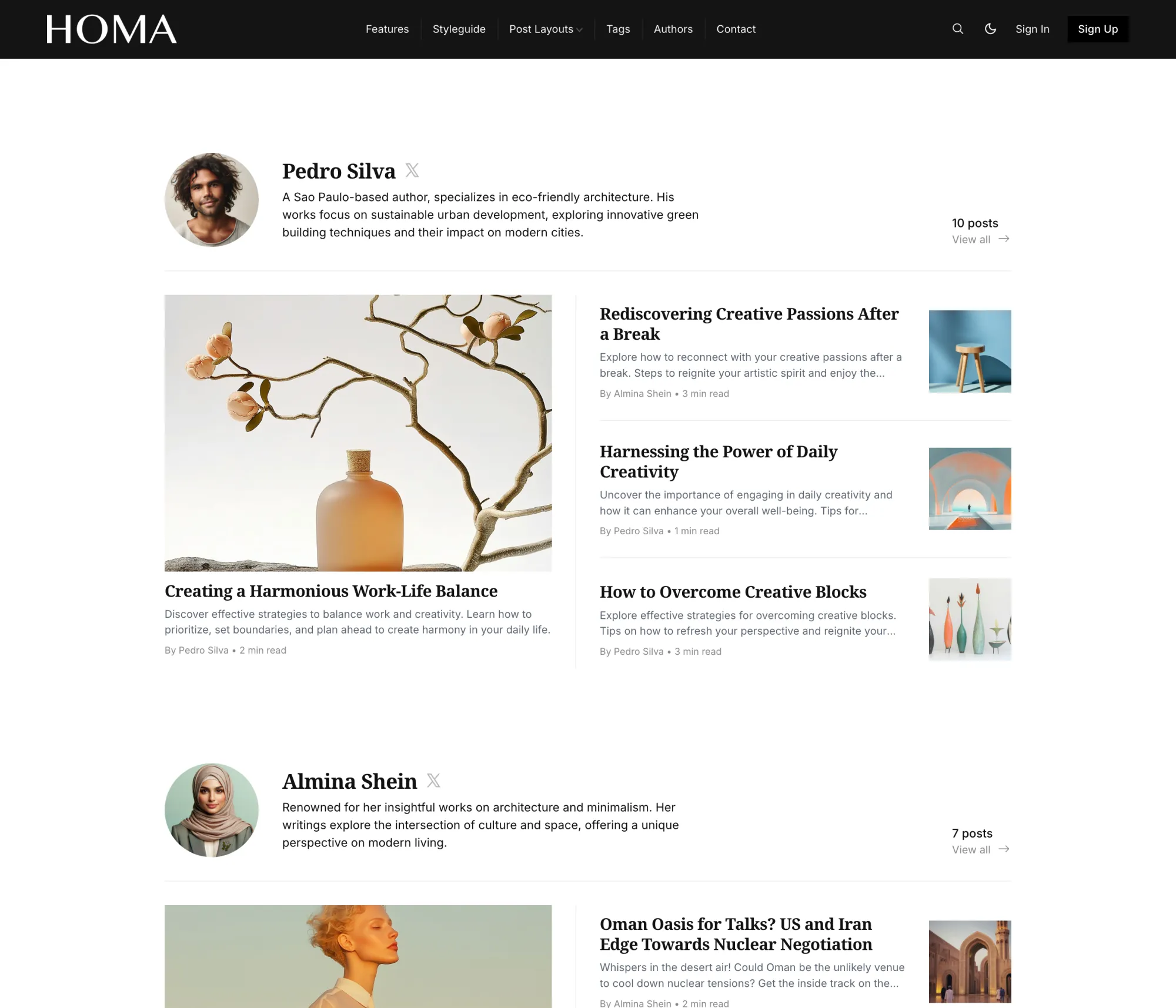 Homa Ghost theme Authors page template listing all site authors with their profile images and bios